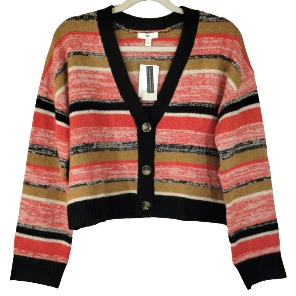 F BP Nordstrom Black Brown Stripe Button Down Cropped Cardigan Sweater NWT M
